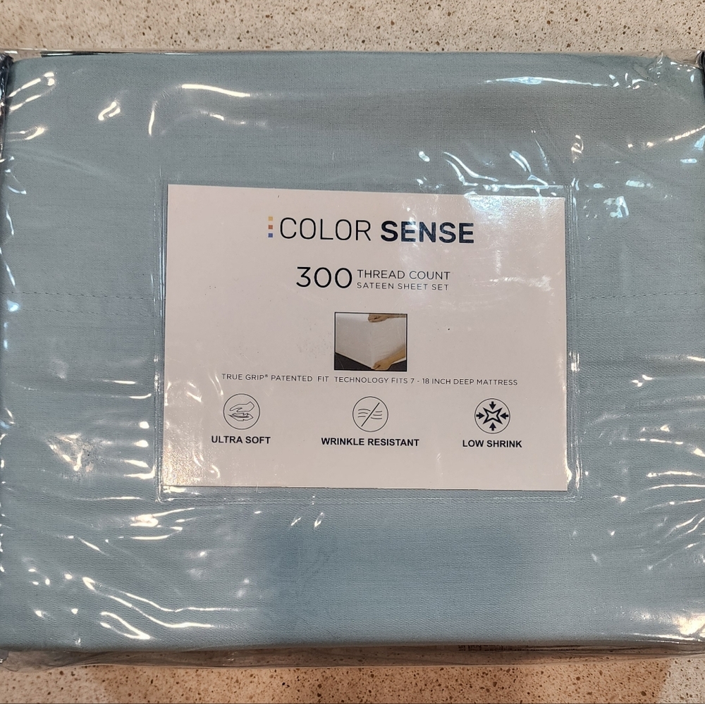 Color Sense Teal 300 Thread Count Sateen Sheet Set New Soft  True Grip Cotton